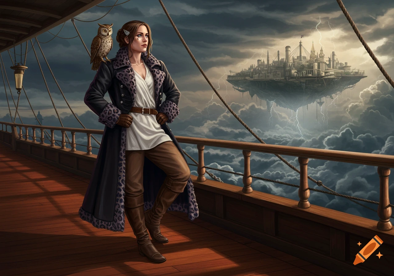 A woman in a long coat with an owl on her shoulder stands on a dirigible deck, looking at a floating city in a stormy sky.