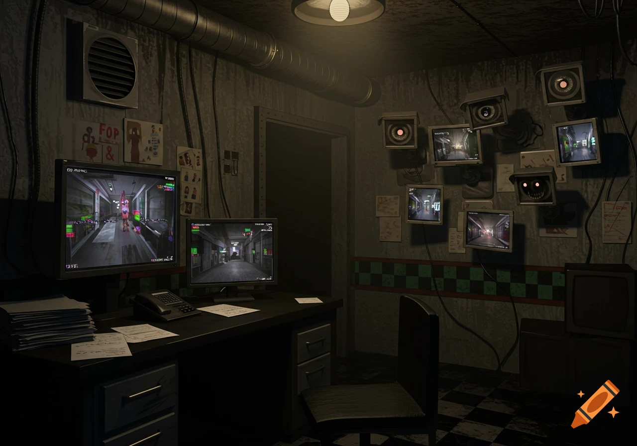 A dimly lit office room in the style of Five Nights at Freddy's, with multiple security monitors showing camera feeds, a desk, and an air vent.