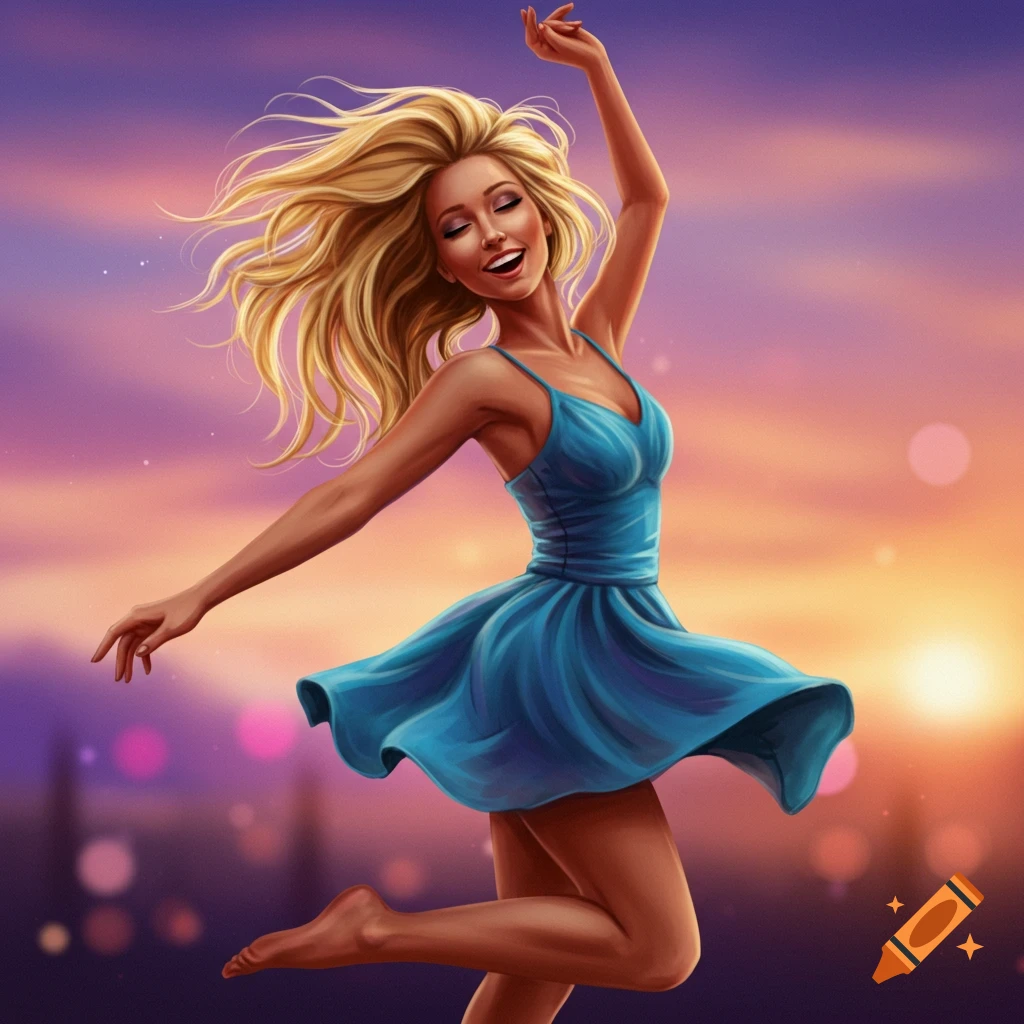 A blonde woman in a blue dress jumps joyfully with arms outstretched against a vibrant sunset sky, rendered in a digital art style.