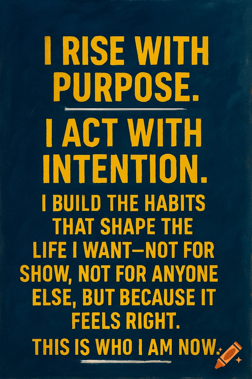 A dark blue motivational poster featuring bold gold text of a quote about purpose, intention, and building habits.