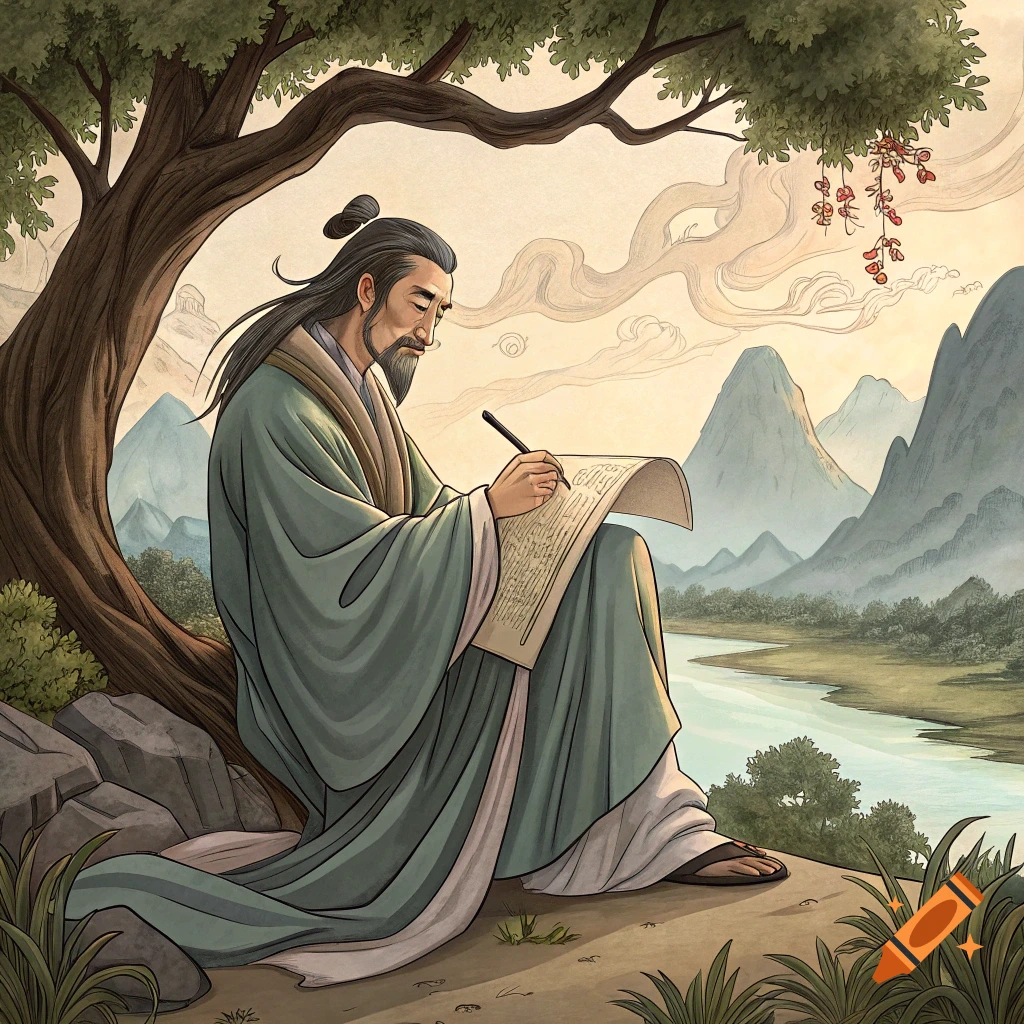 An ancient Chinese scholar with a beard sits under a tree by a river, writing on a scroll with a brush. Mountains rise in the background.