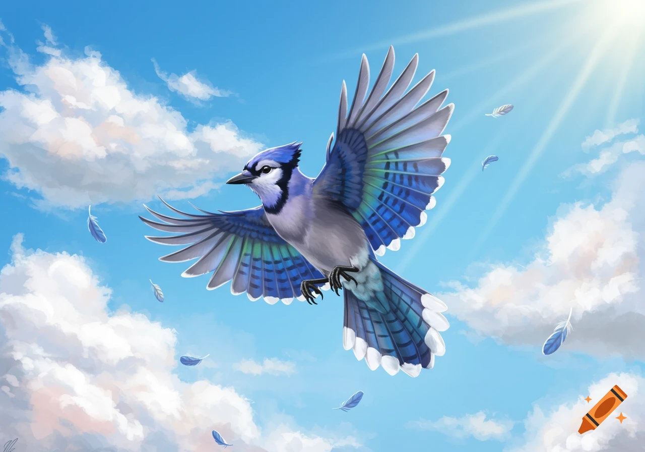 A vibrant blue jay with wings spread wide, flying through a bright blue sky with white clouds and falling feathers.