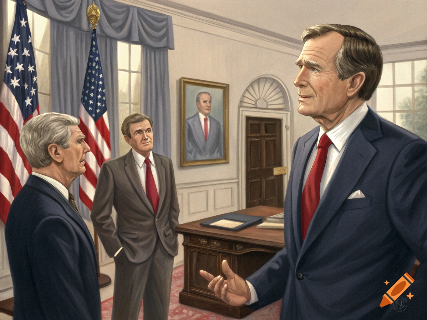 An illustration of George H.W. Bush, George W. Bush, and Jack Kemp in an Oval Office-like setting with US flags.