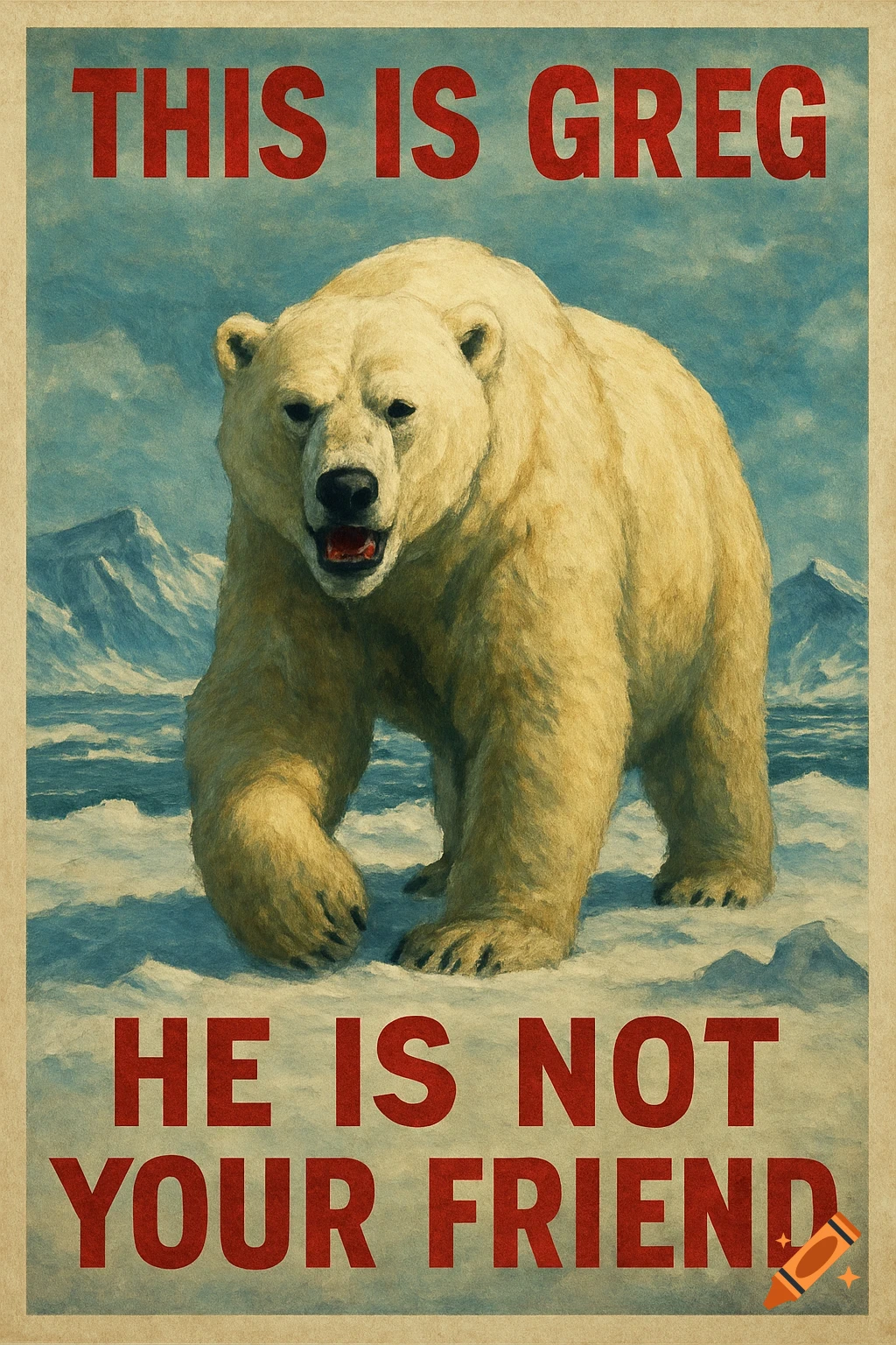A propaganda poster featuring a polar bear walking through an arctic landscape with text reading 'THIS IS GREG. HE IS NOT YOUR FRIEND.'