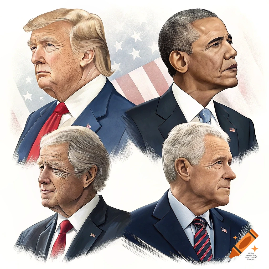 Stylized portraits of US Presidents Donald Trump, Barack Obama, Bill Clinton, and George W. Bush against a faded American flag.