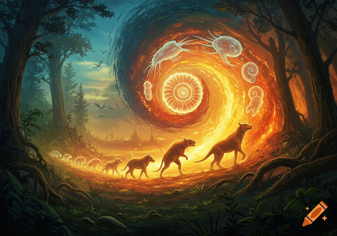 Fantastical scene depicting evolution with glowing marine life in a fiery vortex and a procession of evolving mammals in a forest.