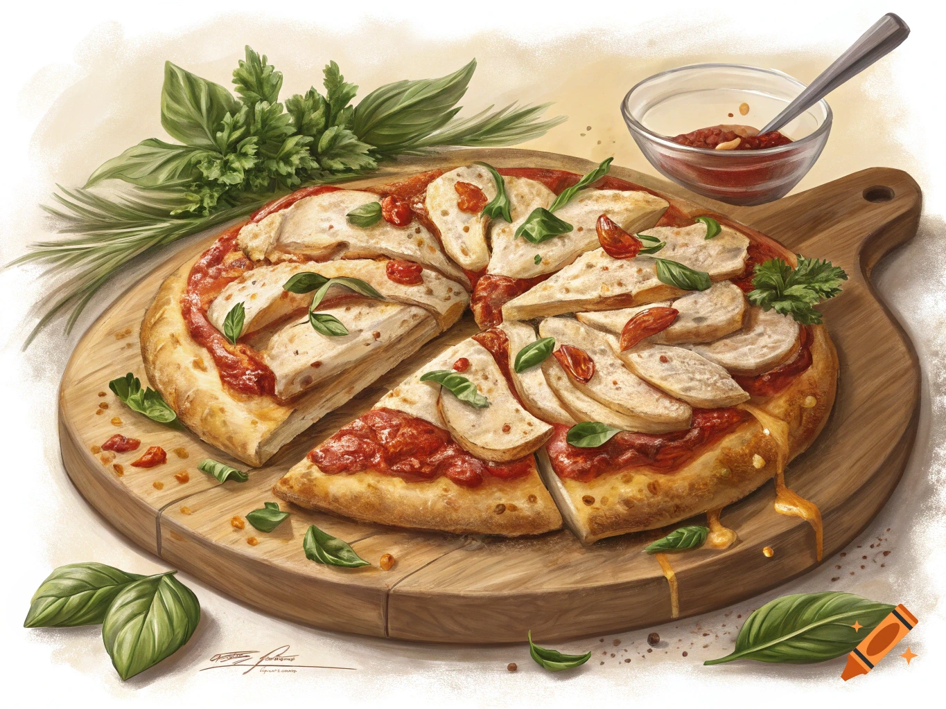 A painted image of a sliced pizza with red sauce, white toppings, and fresh basil, served on a wooden board with a side bowl of sauce.