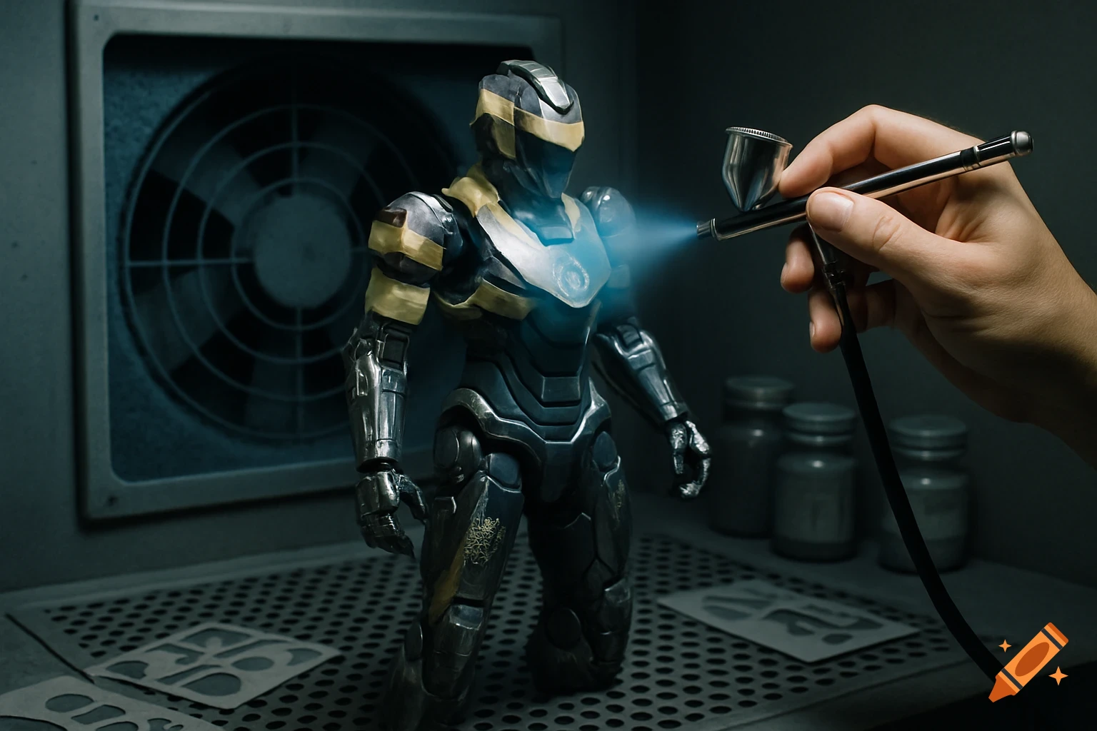 A photorealistic image of a futuristic robot action figure being spray-painted by a hand in a dimly lit spray booth.