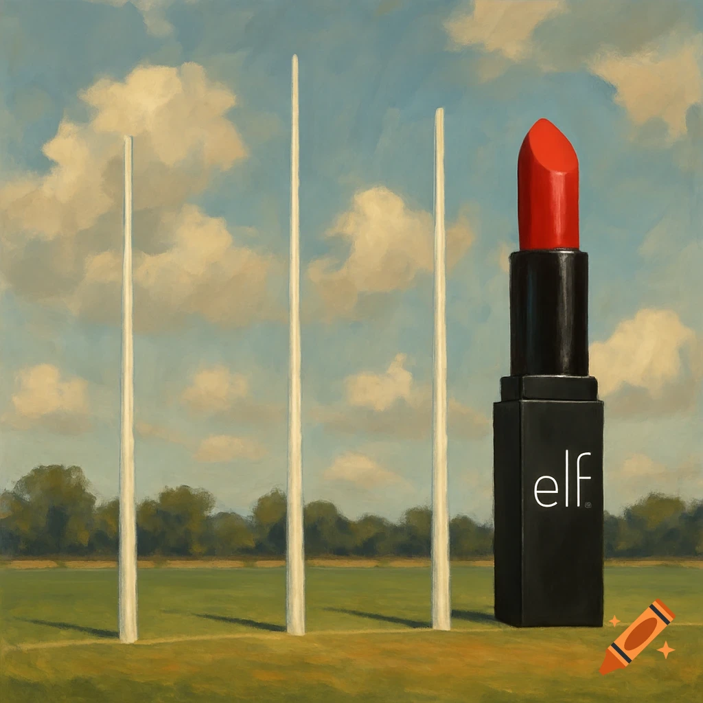 A large red e.l.f. lipstick standing on a green sports field with three white goal posts and a cloudy sky, in a painterly style.