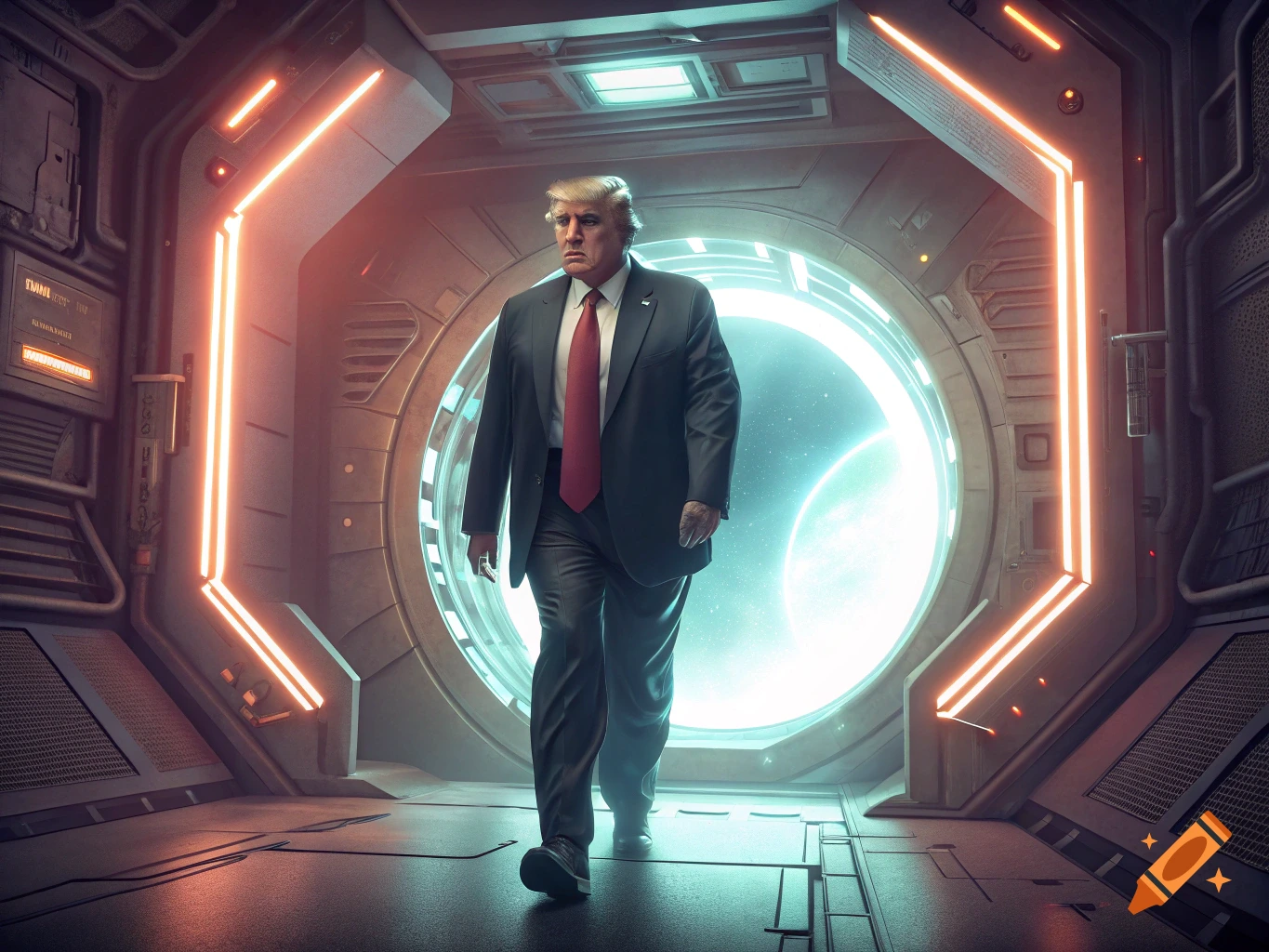 Donald Trump walks through a glowing futuristic spaceship portal, with a large planet visible in space behind him.