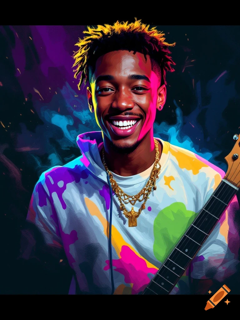 A vibrant digital art portrait of a smiling young Black man with dreadlocks, wearing a colorful splatter-paint hoodie and gold chains, holding a guitar.