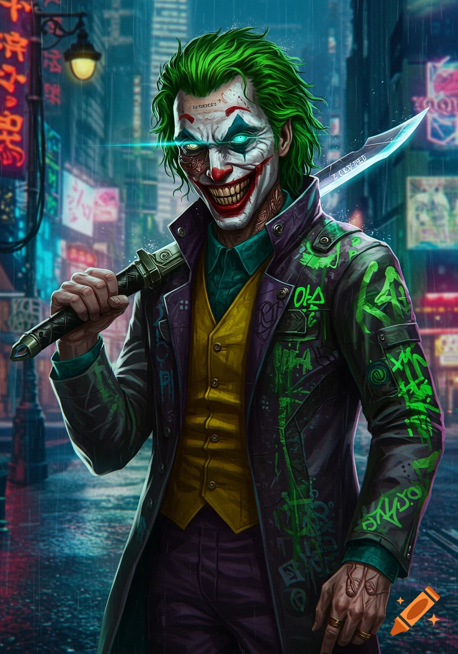A cyberpunk-style portrait of the Joker with green hair, a long coat, and a glowing katana, standing in a rainy city street at night.