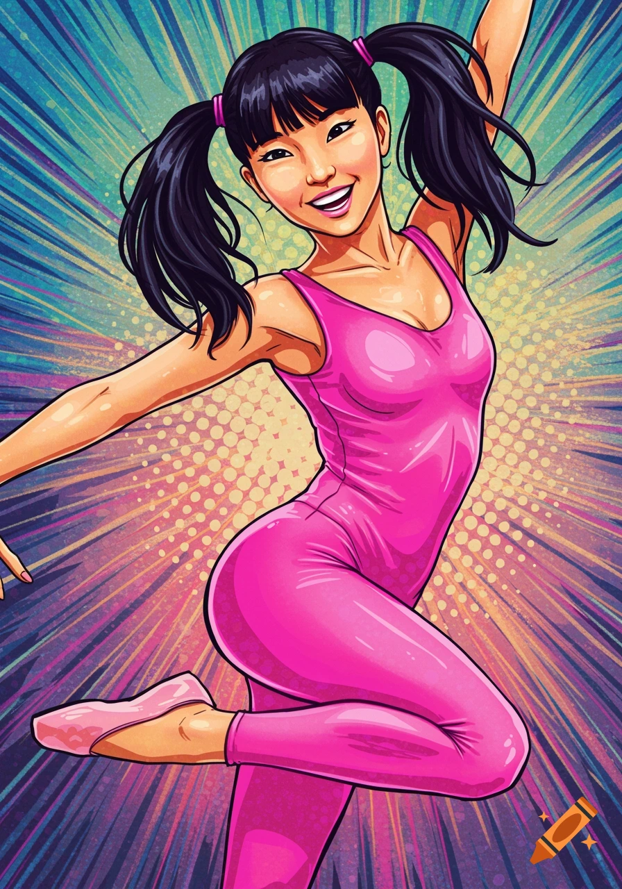 A vibrant pop art illustration of a smiling young Asian woman in a pink leotard dancing, set against a colorful radial background.