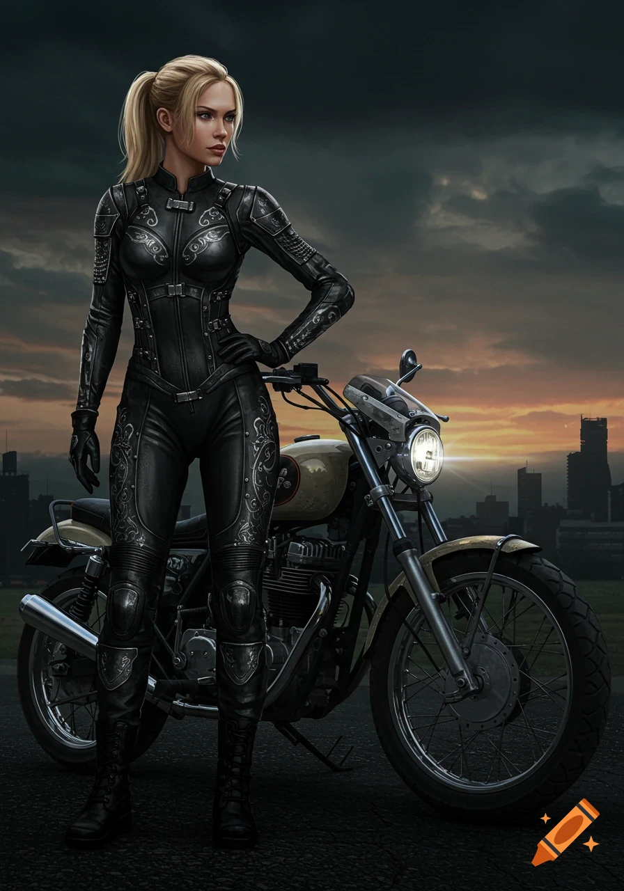 A blonde woman in a black, ornate leather motorcycle suit stands beside a vintage motorcycle at sunset.