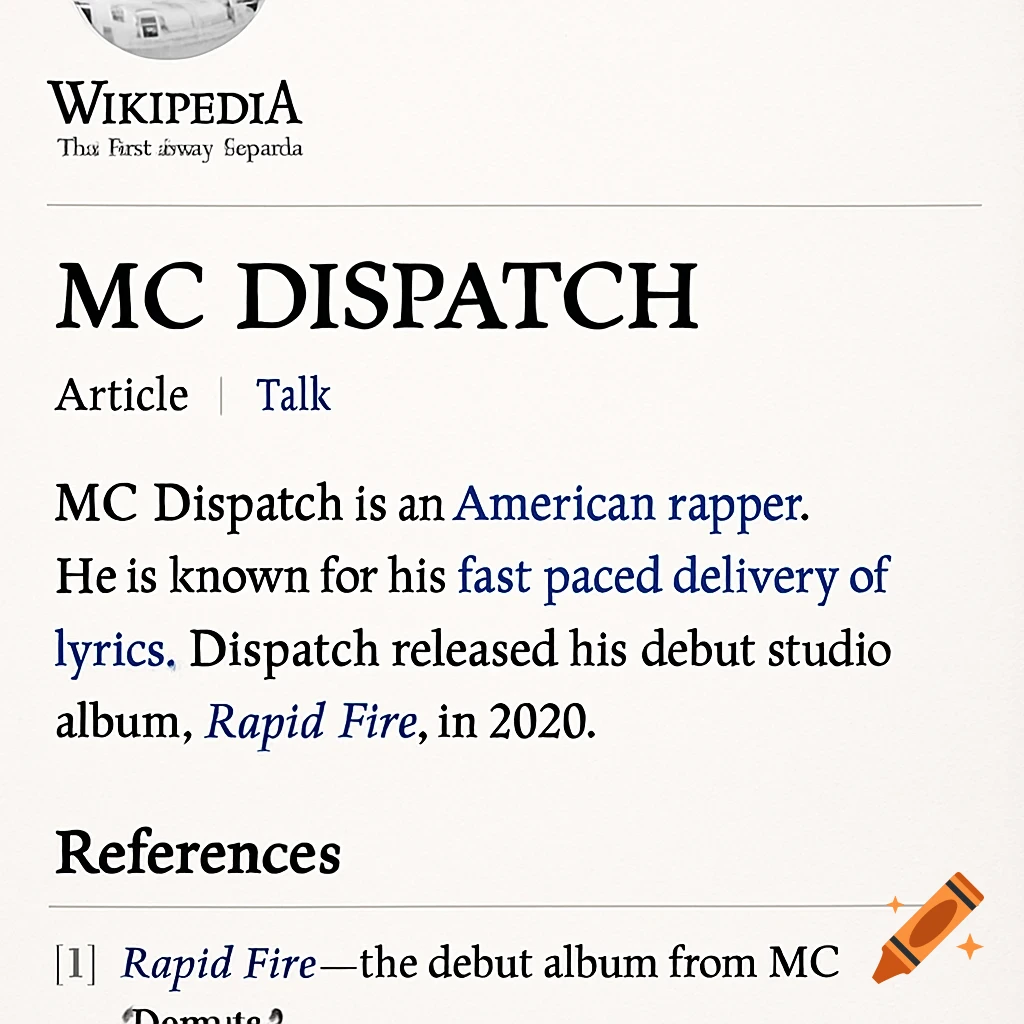 A close-up image of a Wikipedia page for 'MC DISPATCH', with an article section detailing him as an American rapper and his debut album 'Rapid Fire'.