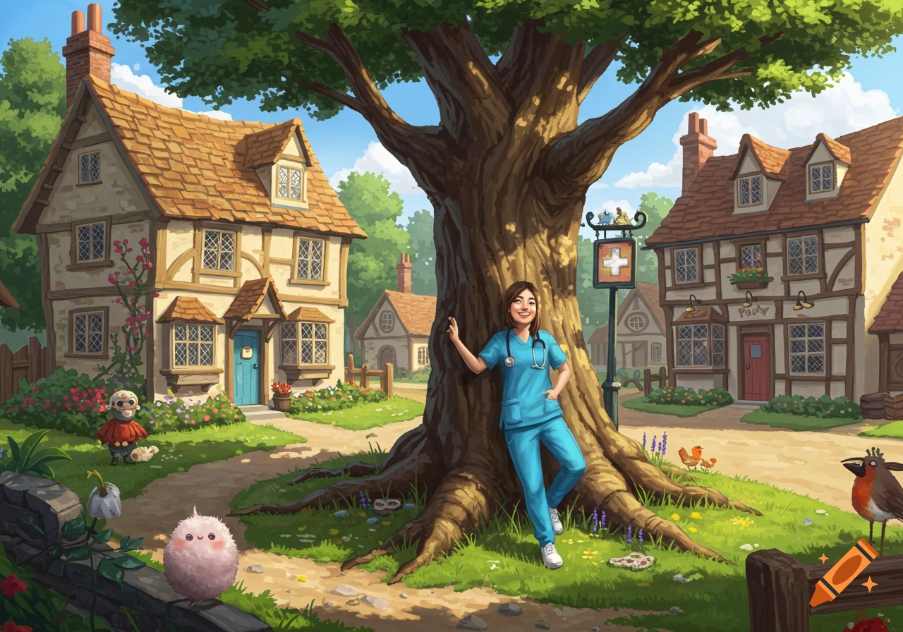 A smiling nurse in scrubs stands by a large tree in a whimsical cartoon village with cottages and small creatures.
