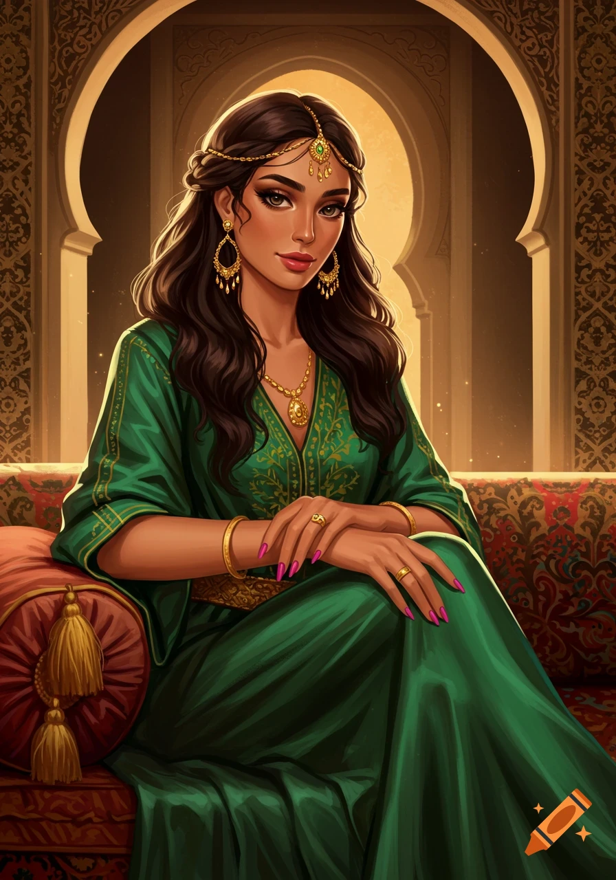 A stylized portrait of a beautiful Middle Eastern woman in a green embroidered dress, adorned with golden jewelry, sitting on an ornate sofa in an arched room.