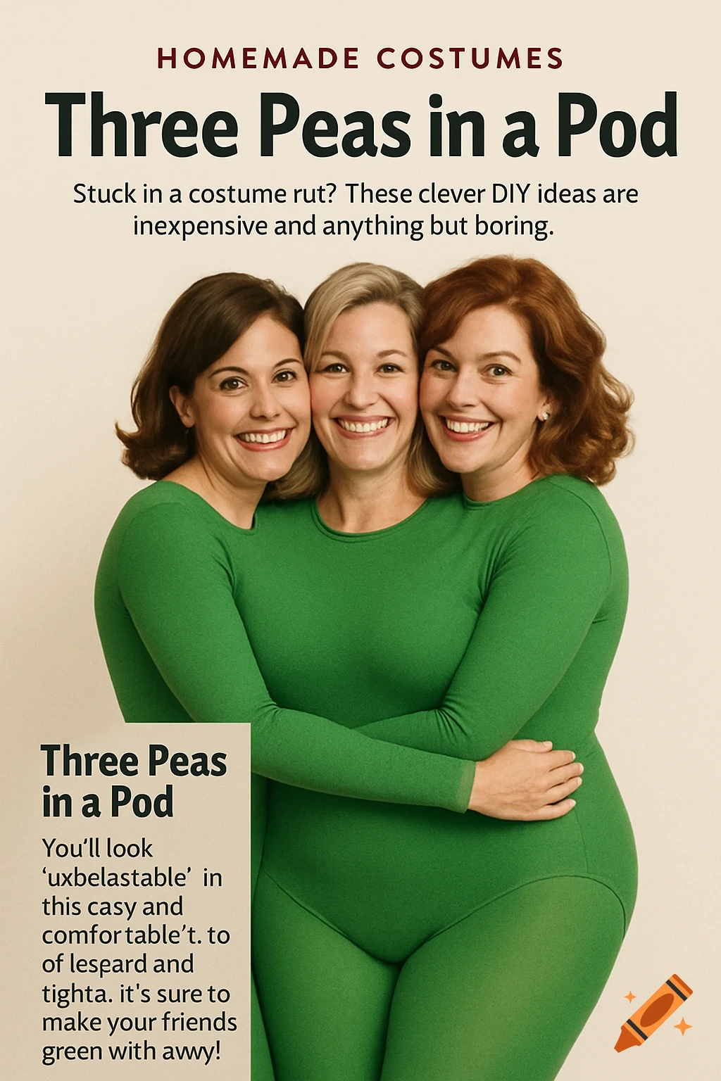 Three smiling women in green full-body leotards hugging, depicted as "Three Peas in a Pod" in a magazine article layout.
