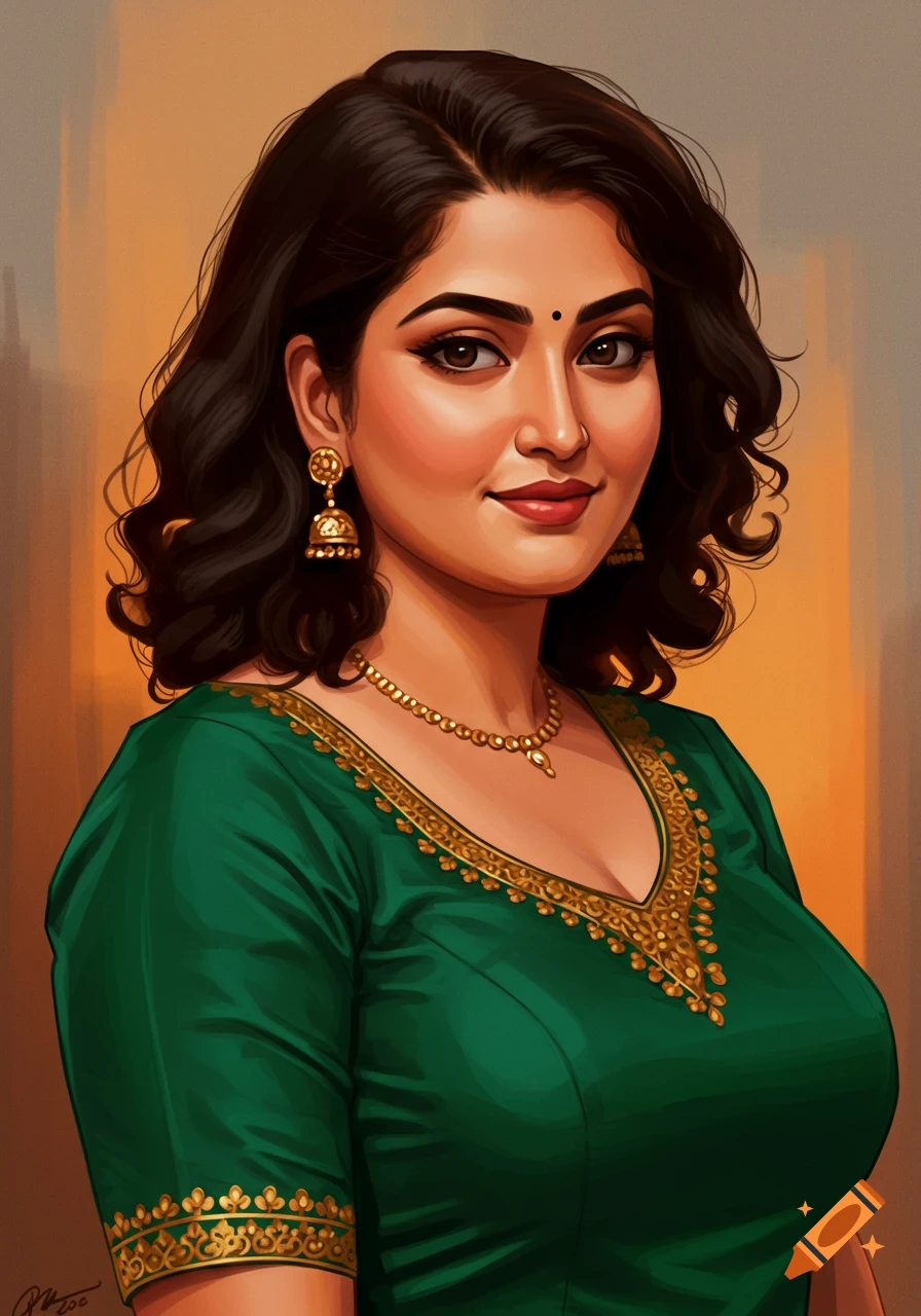 Digital painting of a beautiful Indian woman in a green embroidered traditional outfit and gold jewelry, smiling.