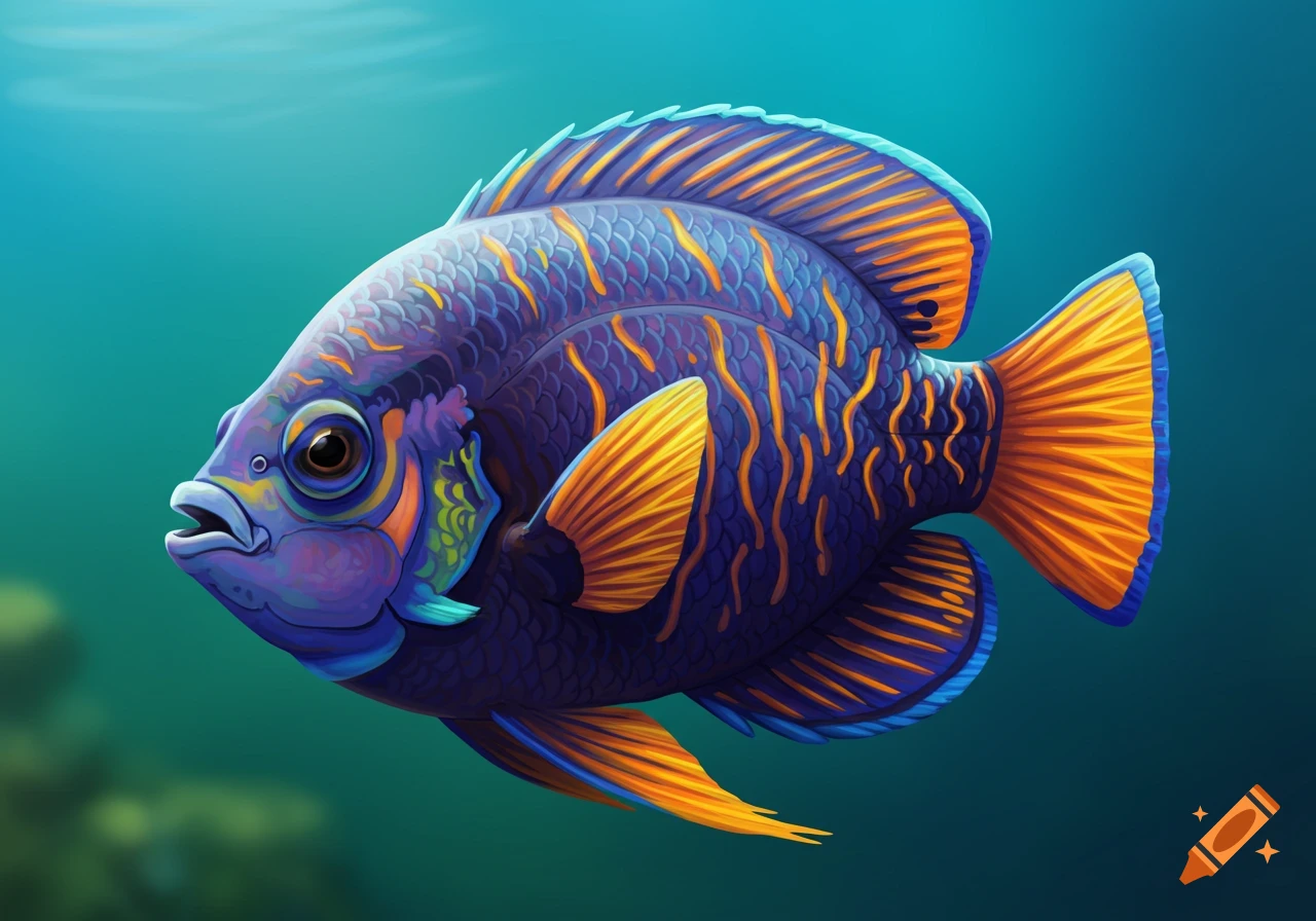 A vibrant blue and orange patterned fish swims in clear teal water.