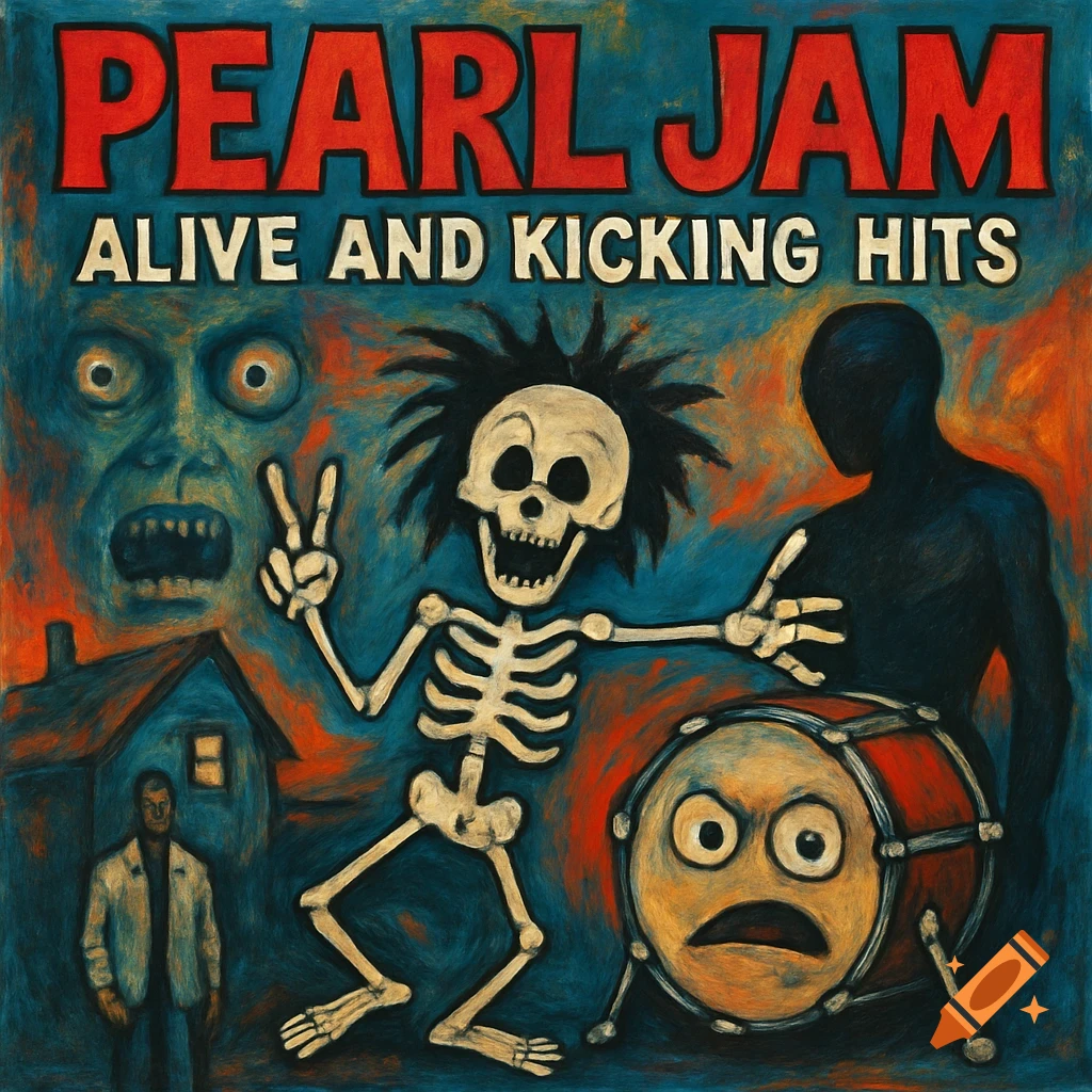 Gritty painted album cover for Pearl Jam's 'Alive and Kicking Hits' with a dancing skeleton, a monstrous face, and a worried drum.