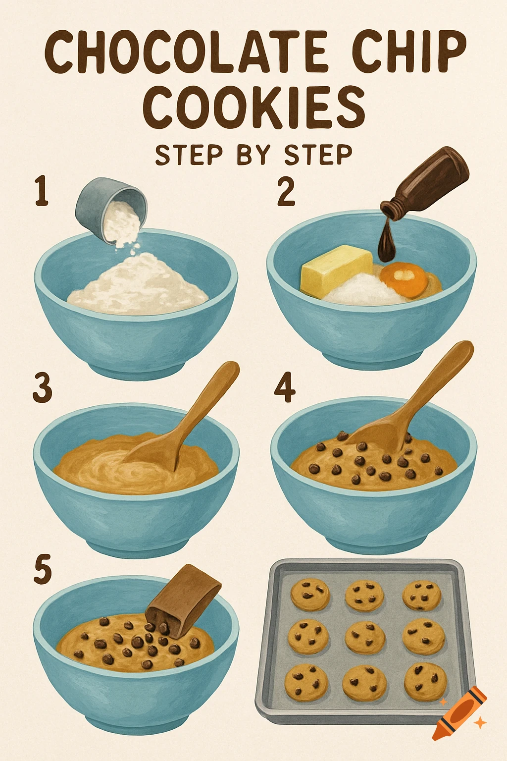 A step-by-step illustration shows how to make chocolate chip cookies, from mixing ingredients in bowls to baked cookies on a tray.