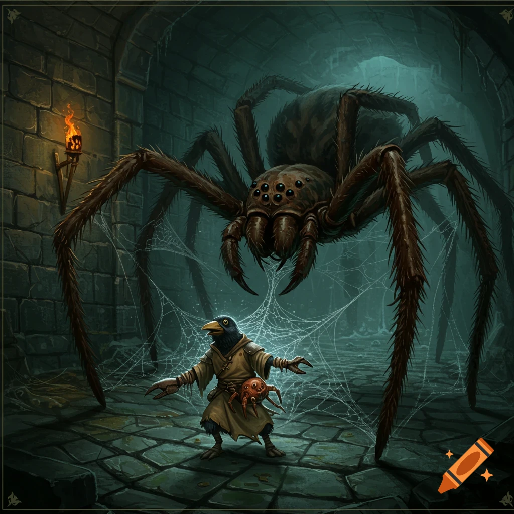 A bird-like kenku sorcerer with a pet crab faces a giant spider in a dark dungeon with spiderwebs.
