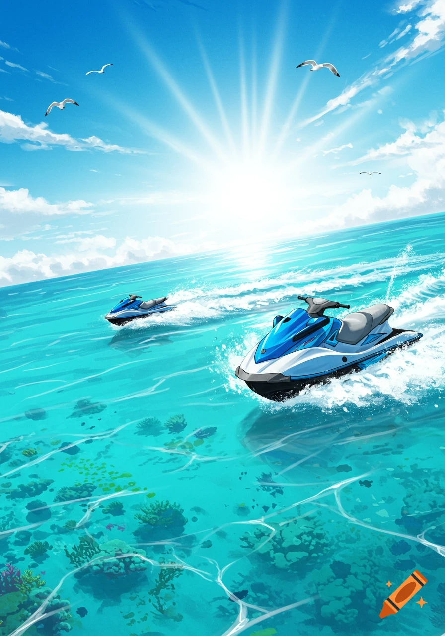 Two blue and white jet skis speeding across a bright turquoise ocean under a sunny sky with seagulls, in an illustration style.