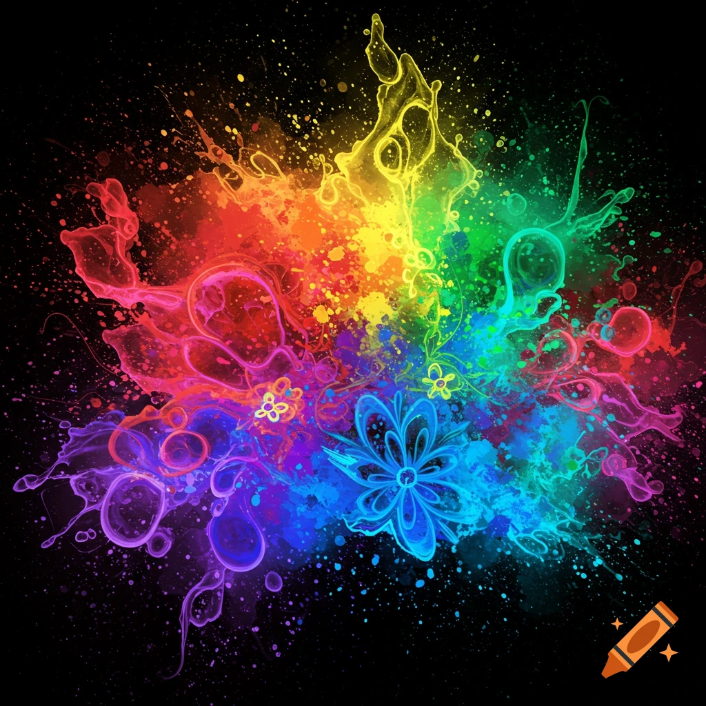 Vibrant rainbow-colored ink splashes and glowing abstract forms explode on a black background.