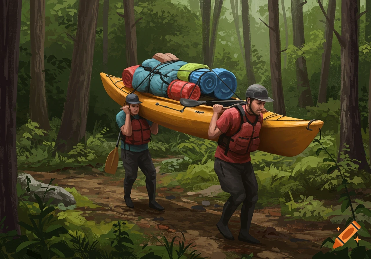 Two men, wearing life vests and hats, carry a yellow kayak loaded with camping gear on a portage trail through a dense green forest.