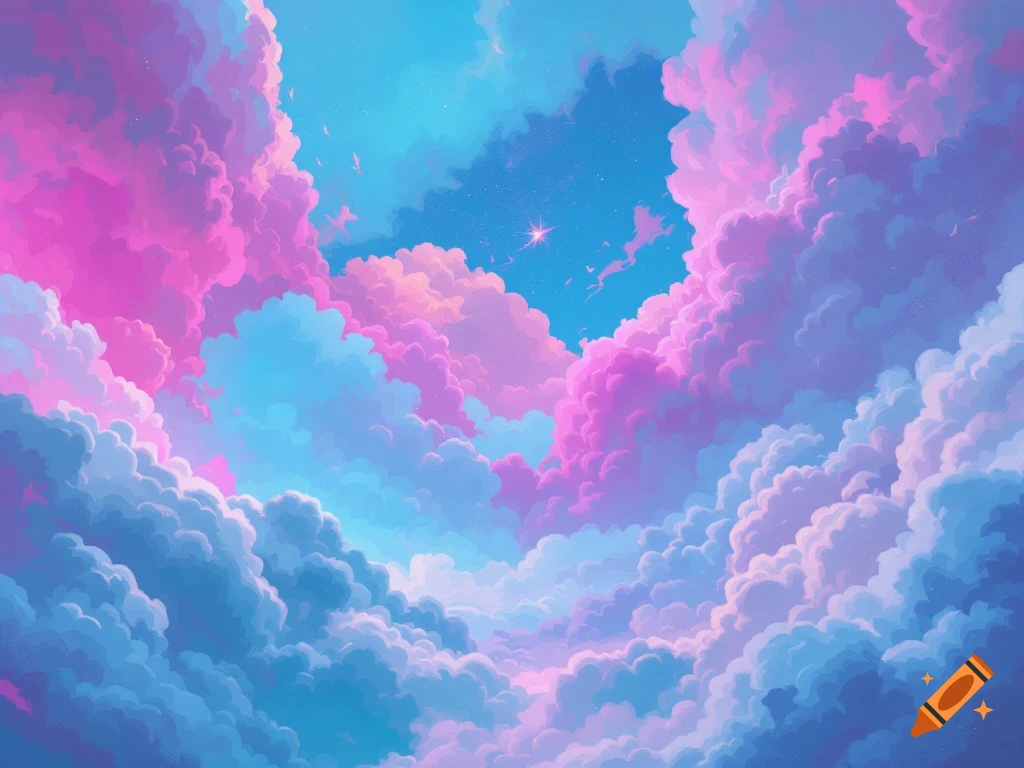 A vibrant, dreamlike sky filled with swirling pink, blue, and purple clouds, with a bright star in the distance.