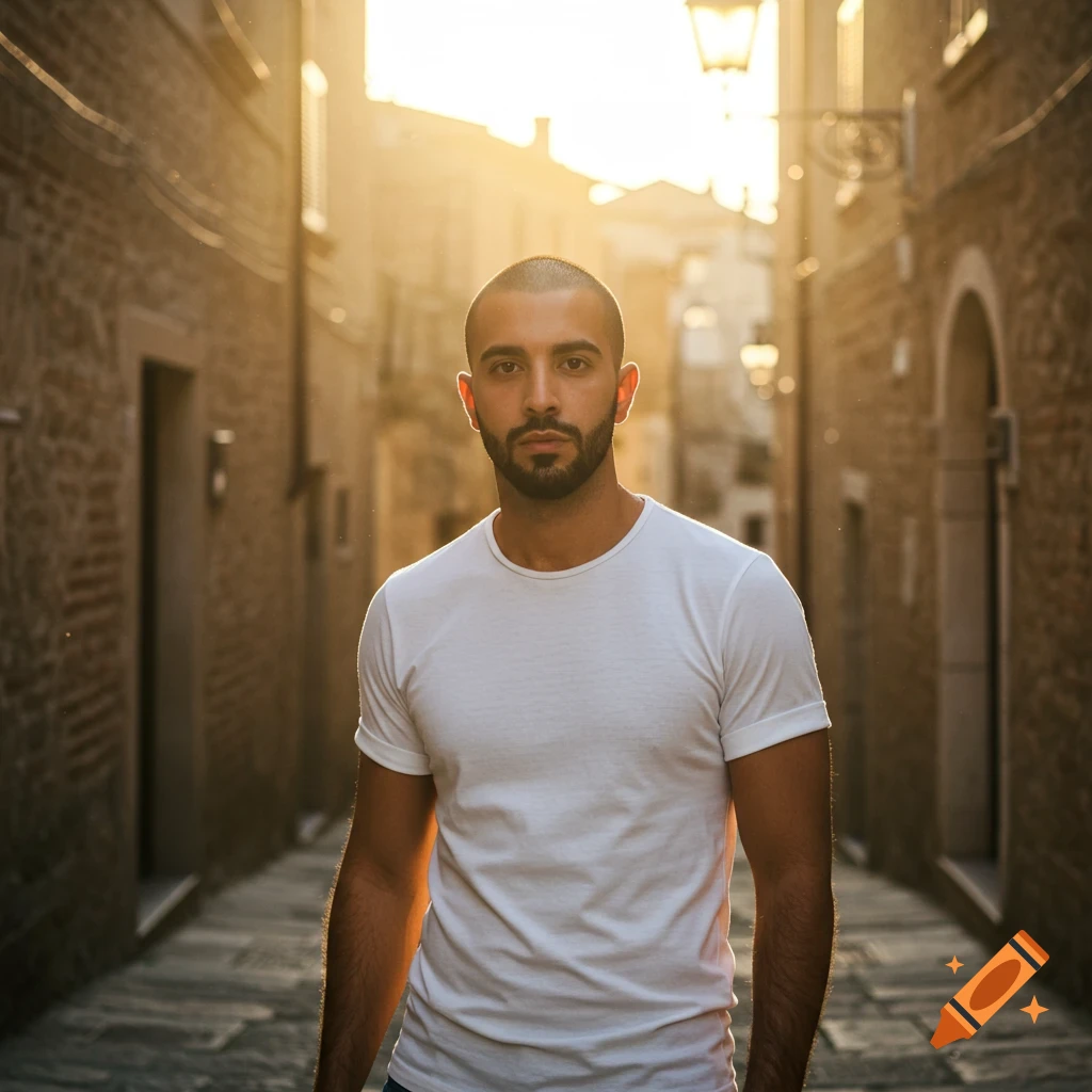 A man with a shaved head and short beard stands in a sunlit narrow street, wearing a white t-shirt. Photorealistic.