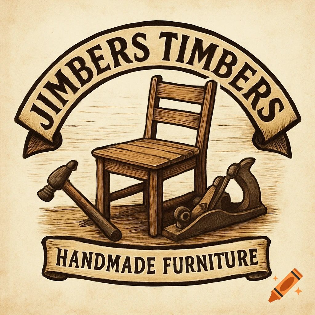 Vintage style logo for 'Jimbers Timbers' with a wooden chair, hammer, and wood plane, on a banner stating 'Handmade Furniture'.