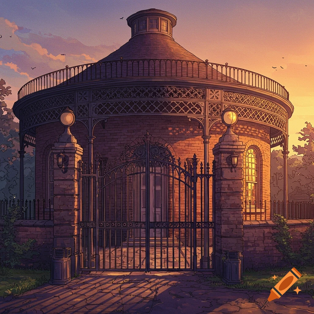 A round brick building with a domed roof and ornate metal gates at sunset in an illustrative style.
