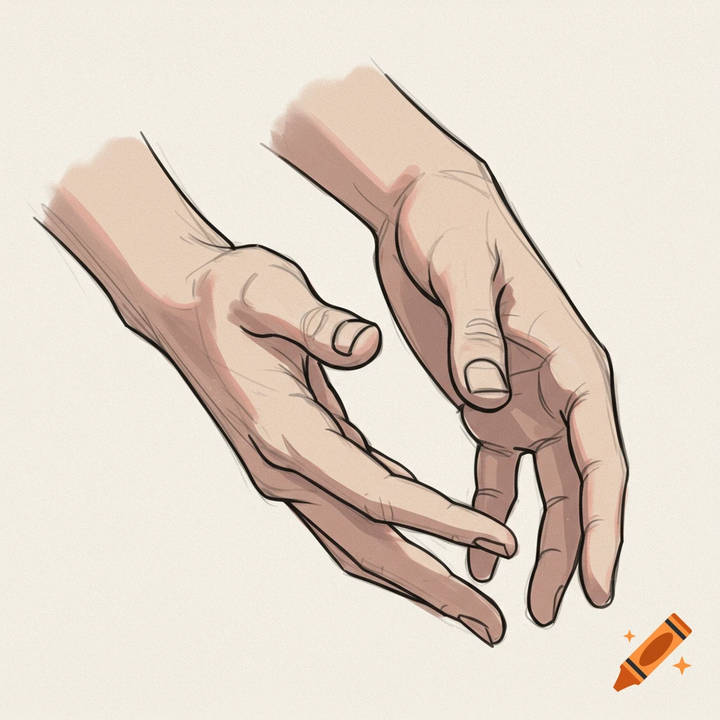 A sketch illustration of two hands with detailed lines and light shading.