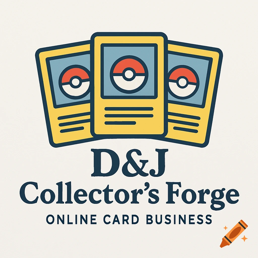 A minimalist logo for D&J Collector's Forge, an online card business, featuring three stylized trading cards with Pokeballs.