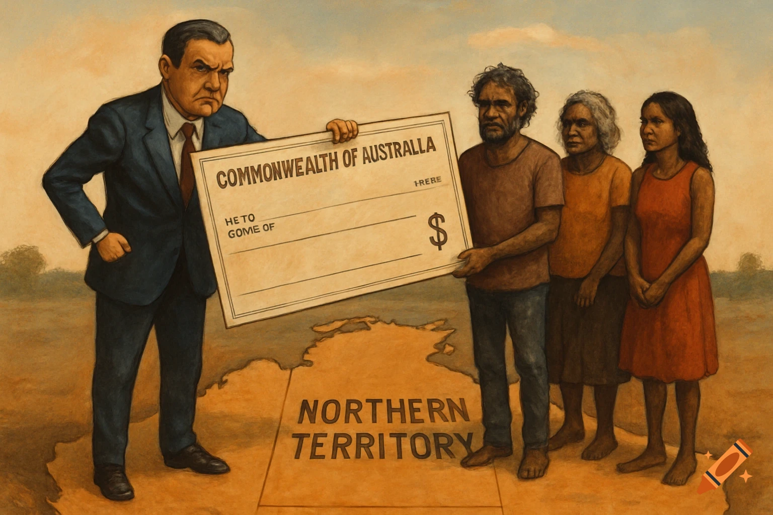 A stern man in a suit holds a large check, facing three Indigenous people on a map of the Northern Territory, painted in a historical style.