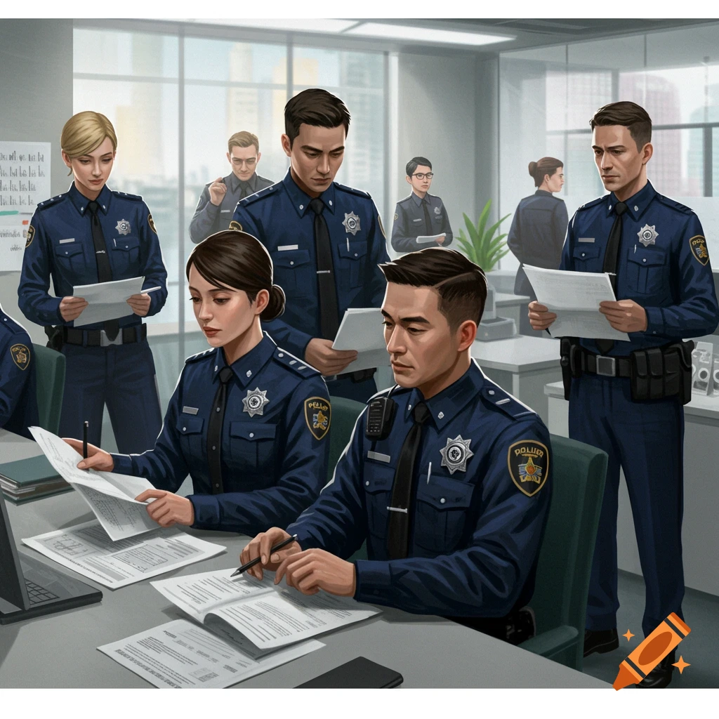 Police officers in uniform working at desks and standing in an office with city buildings visible through windows.