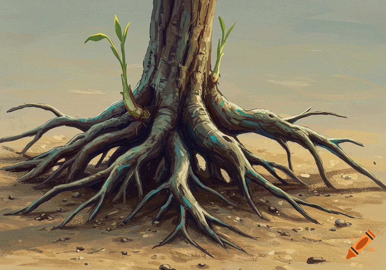A close-up illustration of the gnarled, exposed roots and lower trunk of a tree with green sprouts in sandy ground under a pale sky.