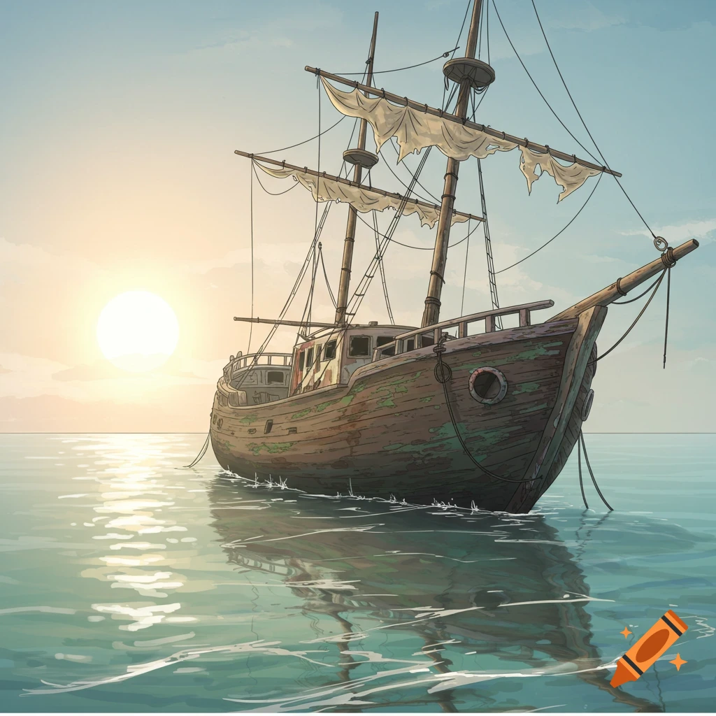 An old, weathered wooden sailboat with tattered sails floats on calm water at sunset in a stylized illustration.