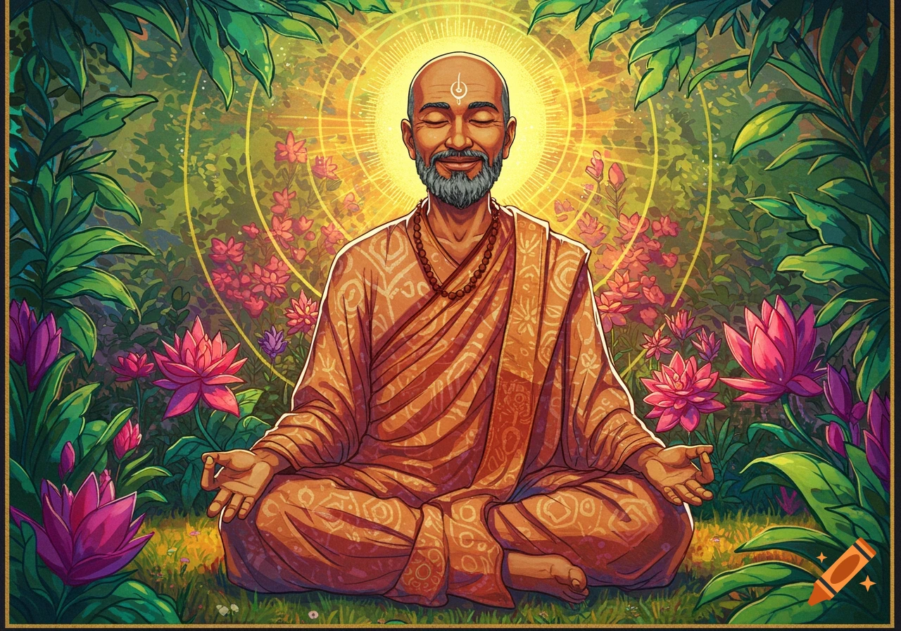 An illustrated serene bald man with a beard meditates in a lotus position, surrounded by lush green foliage and pink lotus flowers, with a glowing aura behind his head.