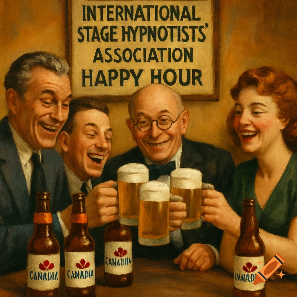 Four happy people laugh and toast with beer mugs and bottles at a table beneath a sign for 'International Stage Hypnotists' Association Happy Hour', retro style.