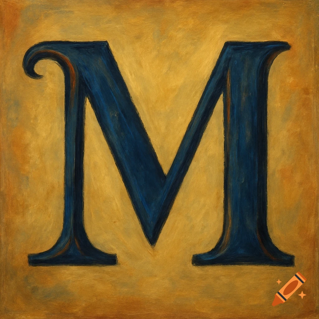 An antique-style painting of a large, dark blue capital letter 'M' with orange highlights, set against a warm, textured gold background.