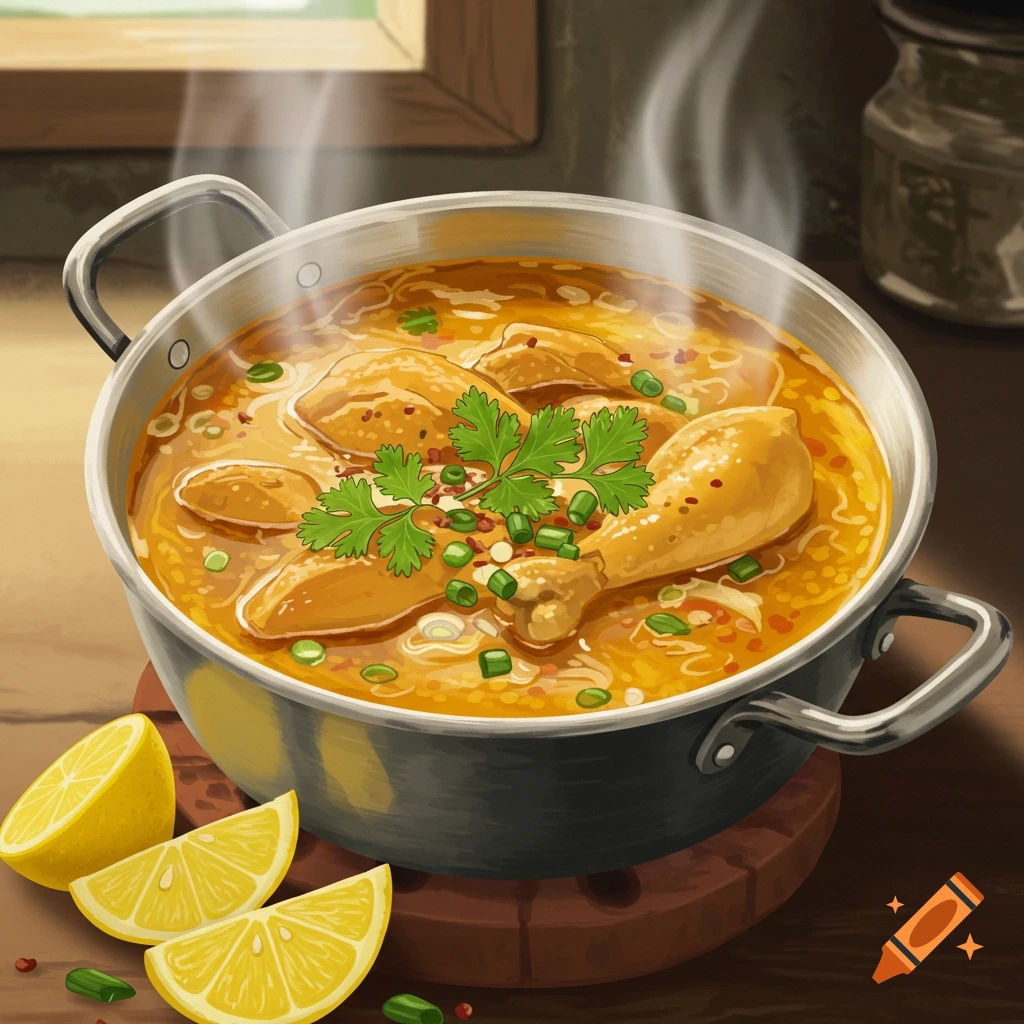 An illustrative style drawing of a steaming pot of golden chicken curry with fresh herbs and sliced lemons on a wooden table.