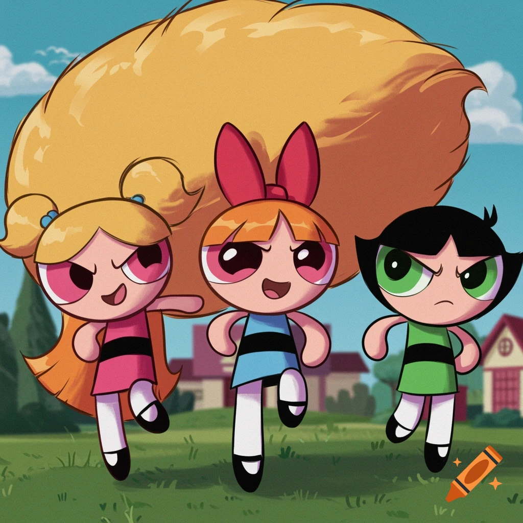 Blossom, Bubbles, and Buttercup, the Powerpuff Girls, run together in a cartoon style against a suburban background.
