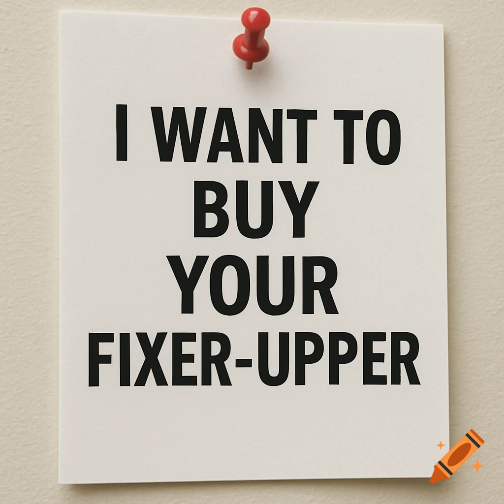 A white note with a red thumbtack pinned to a wall, displaying the text 'I WANT TO BUY YOUR FIXER-UPPER'.