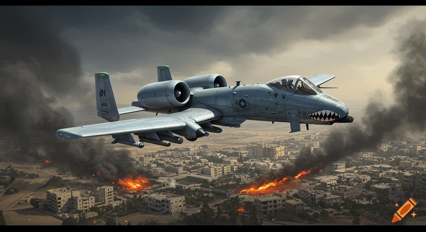 An A-10 Thunderbolt military jet flies low over a photorealistic, burning city with smoke rising into a cloudy sky.
