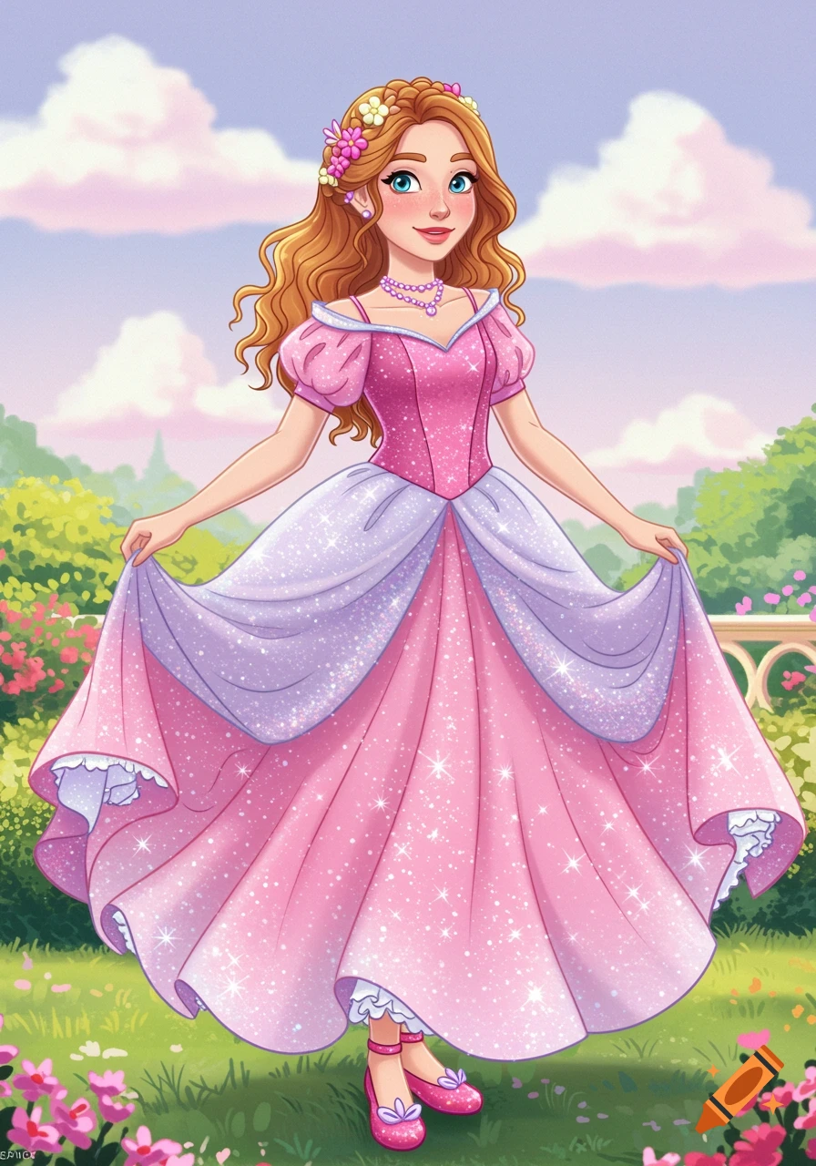 A cartoon girl with long wavy red hair wears a sparkly pink and ...