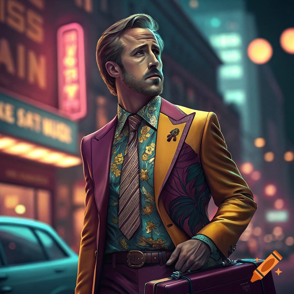 A man resembling Ryan Gosling in a vibrant, multi-colored suit and patterned shirt, holding a briefcase on a city street at night with neon lights in the background.
