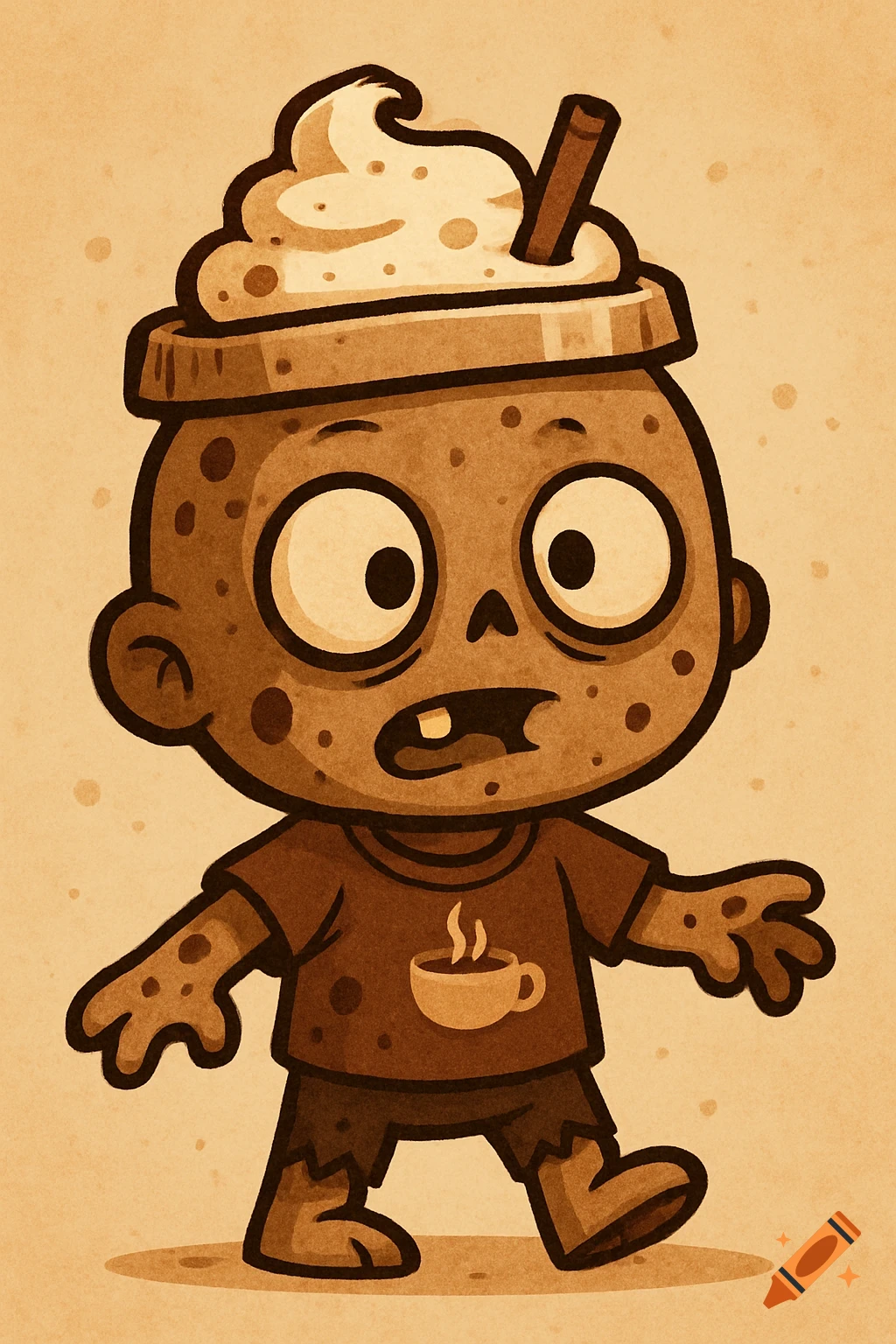 A cute cartoon zombie character with coffee bean-like spots on its skin, wearing a coffee cup hat with whipped cream and a cinnamon stick, and a t-shirt with a coffee cup logo.